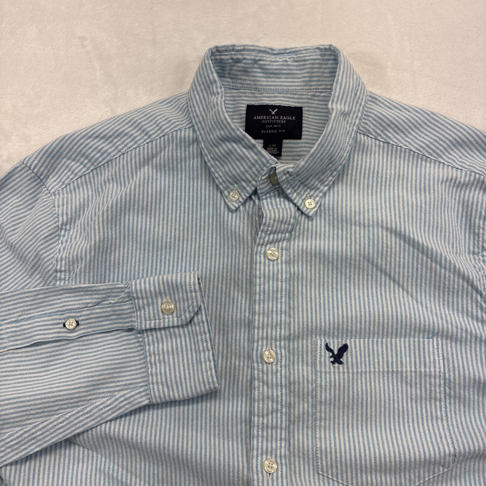 American Eagle Oxford Shirt Men's LG Classic Fit Blue Stripe Long Sleeve